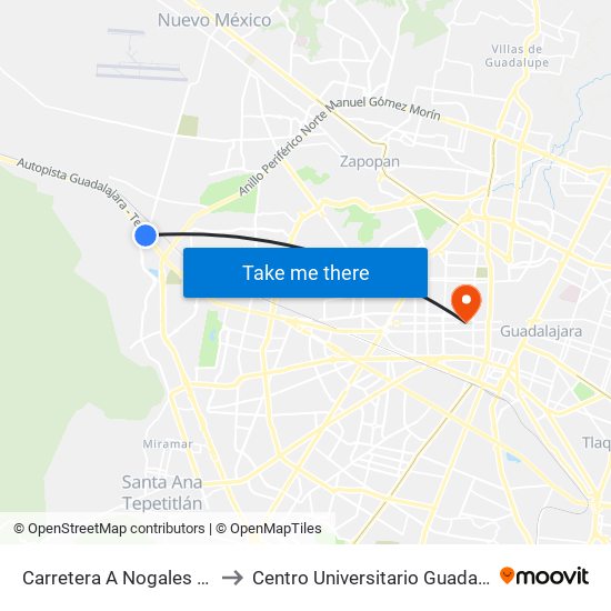 Carretera A Nogales X Aviación to Centro Universitario Guadalajara Lamar map