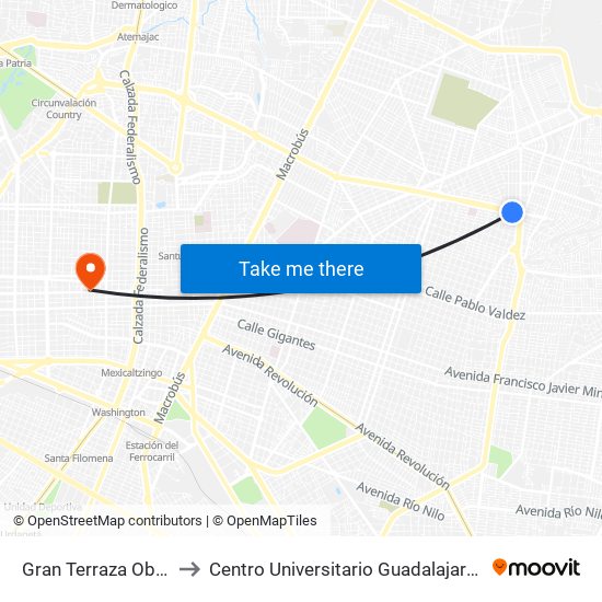 Gran Terraza Oblatos to Centro Universitario Guadalajara Lamar map