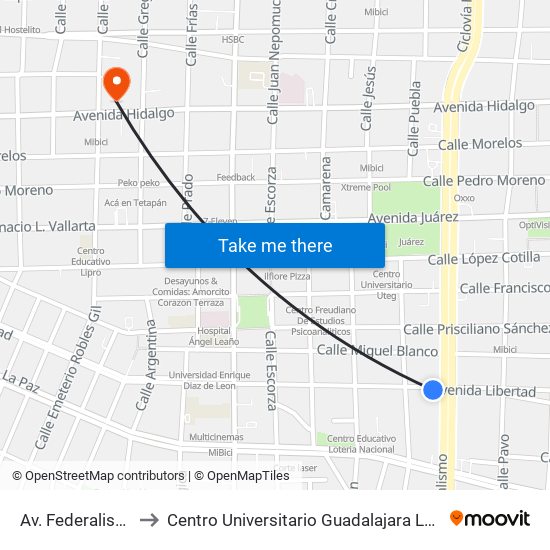 Av. Federalismo to Centro Universitario Guadalajara Lamar map