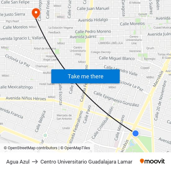 Agua Azul to Centro Universitario Guadalajara Lamar map