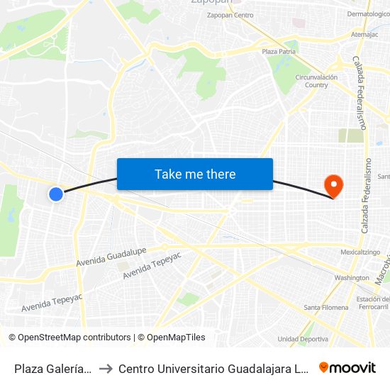 Plaza Galerías II to Centro Universitario Guadalajara Lamar map