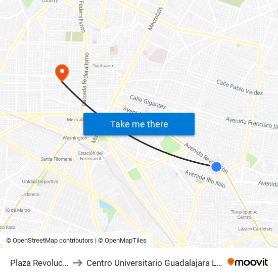 Plaza Revolución to Centro Universitario Guadalajara Lamar map