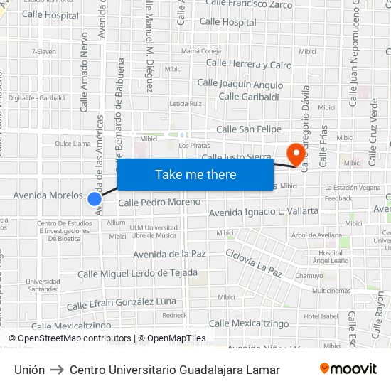 Unión to Centro Universitario Guadalajara Lamar map