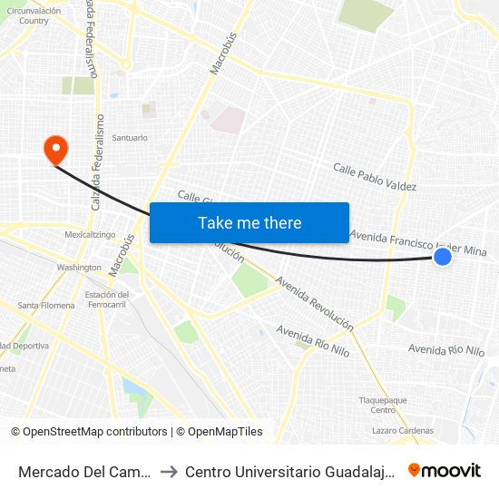 Mercado Del Campesino to Centro Universitario Guadalajara Lamar map