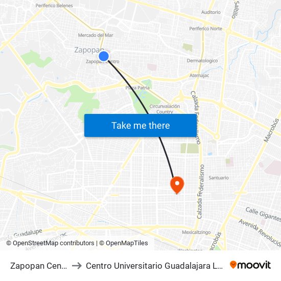 Zapopan Centro to Centro Universitario Guadalajara Lamar map