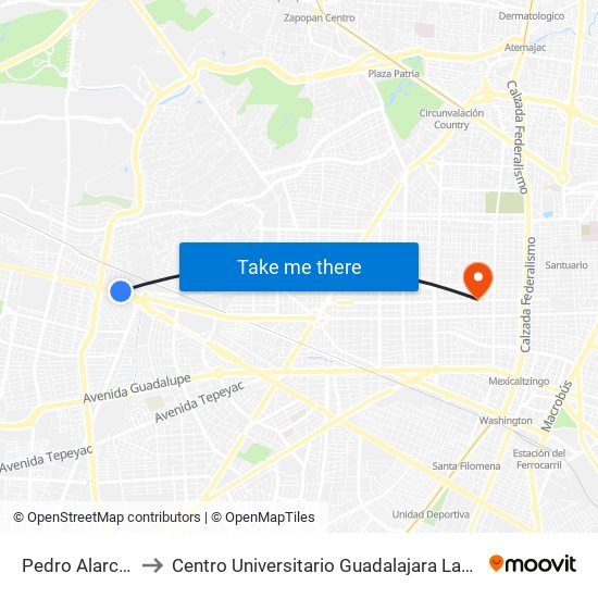 Pedro Alarcón to Centro Universitario Guadalajara Lamar map