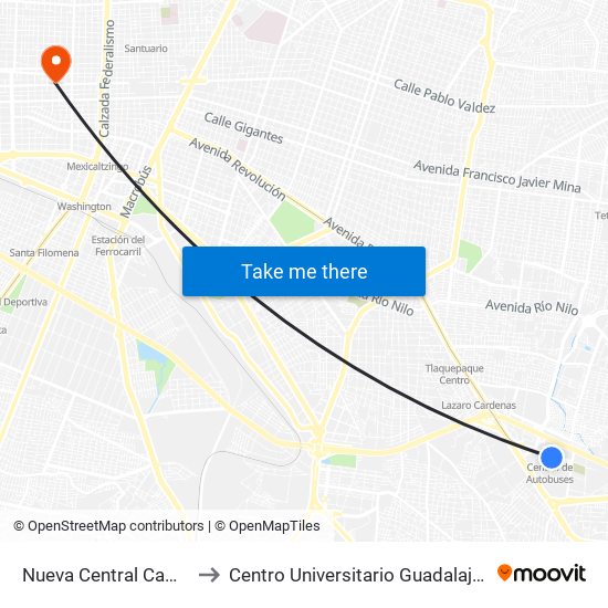 Nueva Central Camionera to Centro Universitario Guadalajara Lamar map