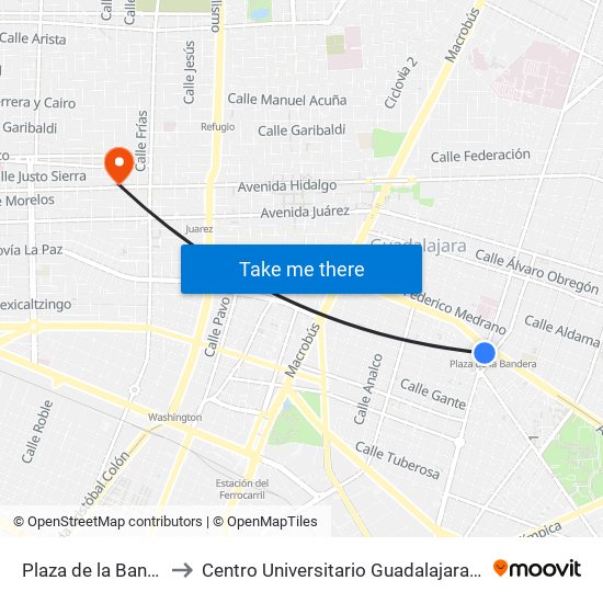 Plaza de la Bandera to Centro Universitario Guadalajara Lamar map