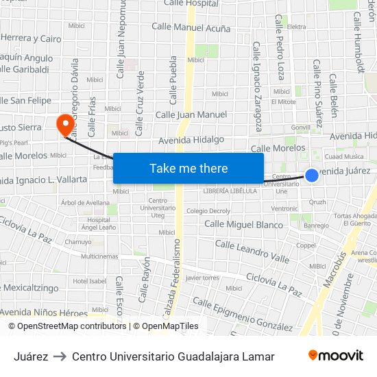 Juárez to Centro Universitario Guadalajara Lamar map