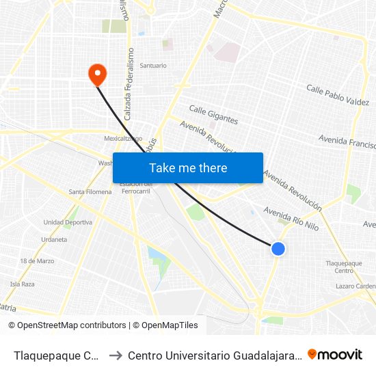 Tlaquepaque Centro to Centro Universitario Guadalajara Lamar map