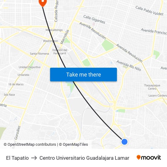 El Tapatío to Centro Universitario Guadalajara Lamar map