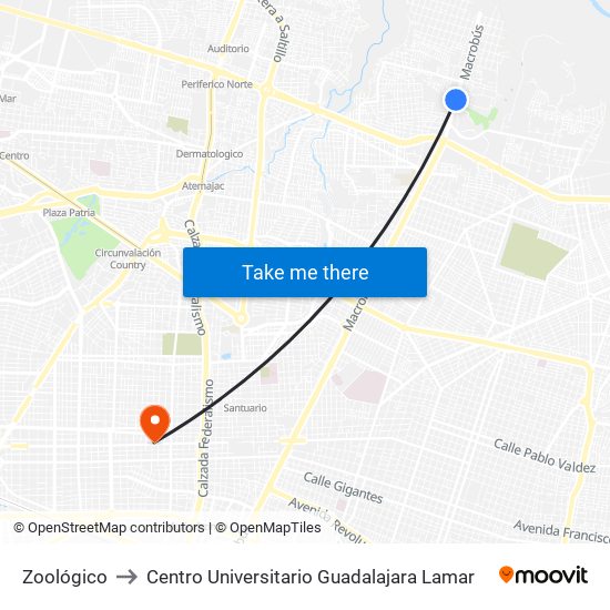 Zoológico to Centro Universitario Guadalajara Lamar map