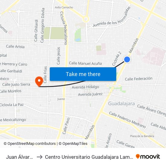 Juan Álvarez to Centro Universitario Guadalajara Lamar map