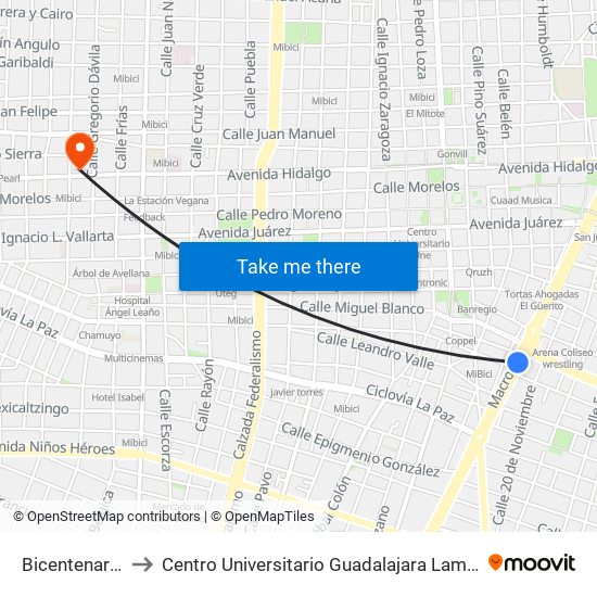 Bicentenario to Centro Universitario Guadalajara Lamar map