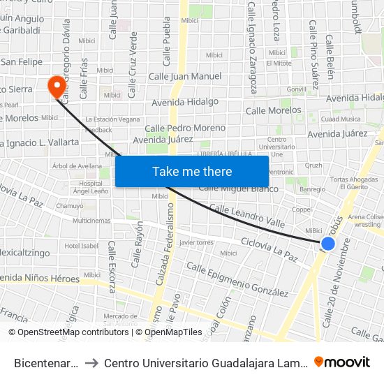 Bicentenario to Centro Universitario Guadalajara Lamar map