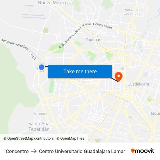 Concentro to Centro Universitario Guadalajara Lamar map