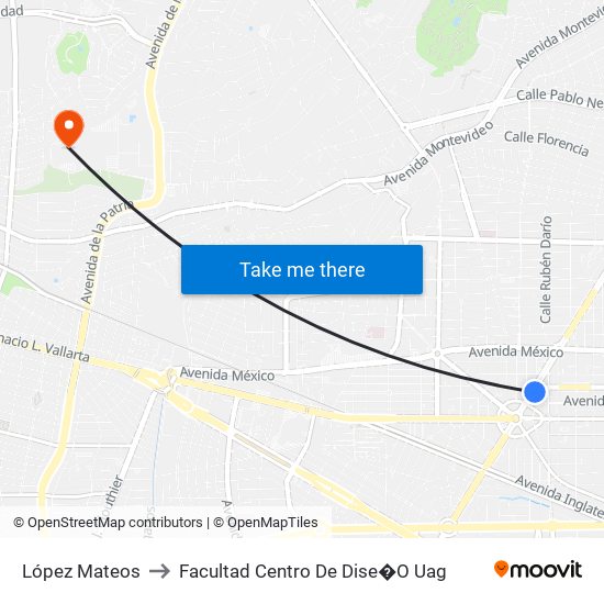 López Mateos to Facultad Centro De Dise�O Uag map