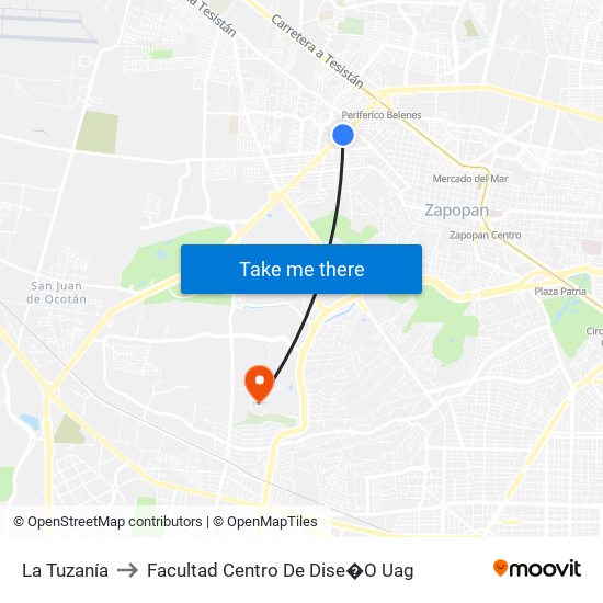 La Tuzanía to Facultad Centro De Dise�O Uag map