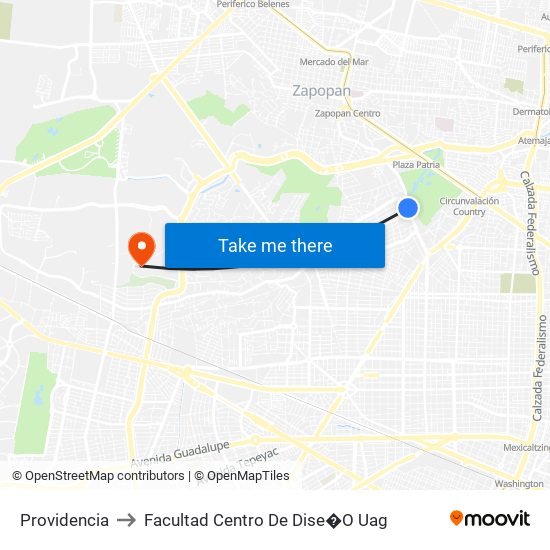 Providencia to Facultad Centro De Dise�O Uag map