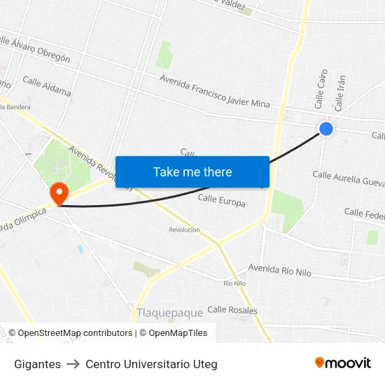 Gigantes to Centro Universitario Uteg map