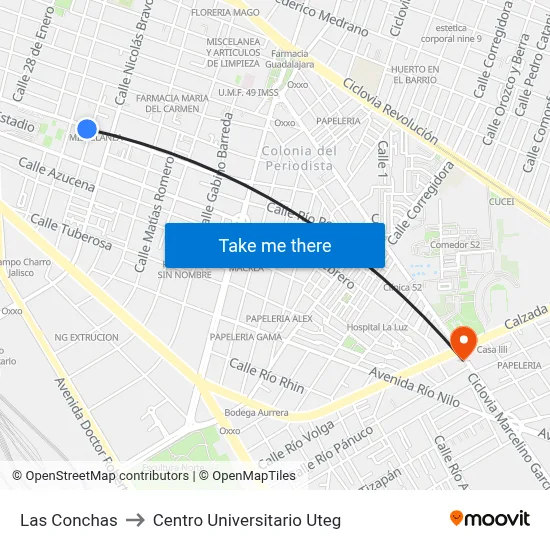 Las Conchas to Centro Universitario Uteg map