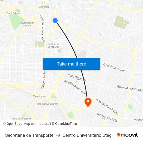 Secretaría de Transporte to Centro Universitario Uteg map