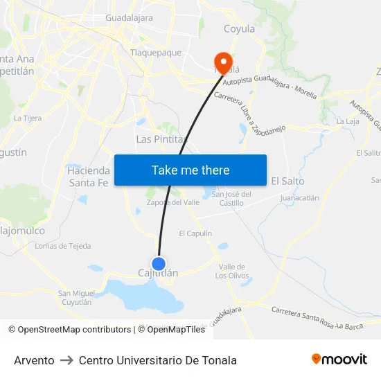 Arvento to Centro Universitario De Tonala map