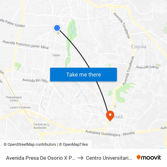 Avenida Presa De Osorio X Presa Del Laurel to Centro Universitario De Tonala map