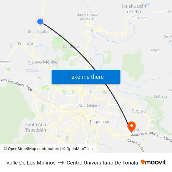 Valle De Los Molinos to Centro Universitario De Tonala map