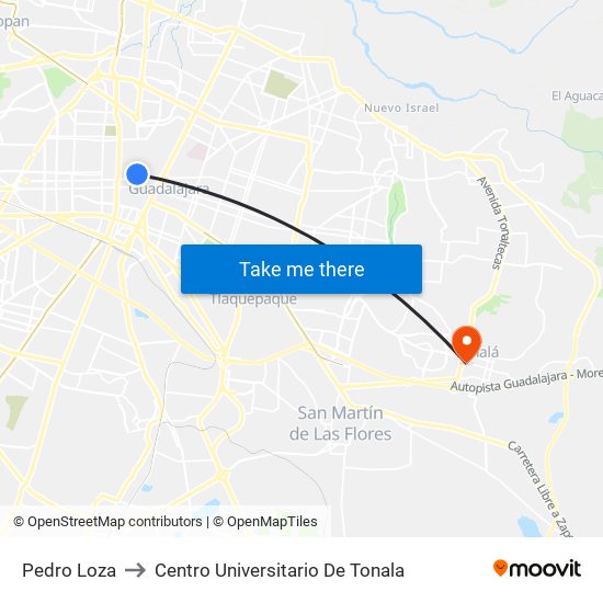 Pedro Loza to Centro Universitario De Tonala map