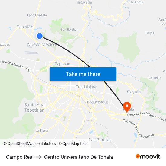 Campo Real to Centro Universitario De Tonala map