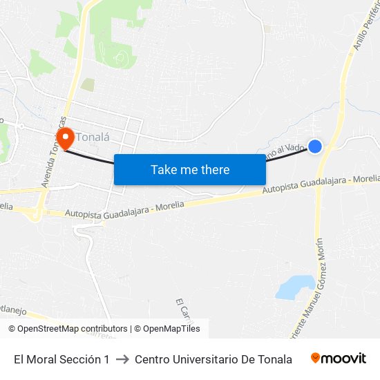 El Moral Sección 1 to Centro Universitario De Tonala map