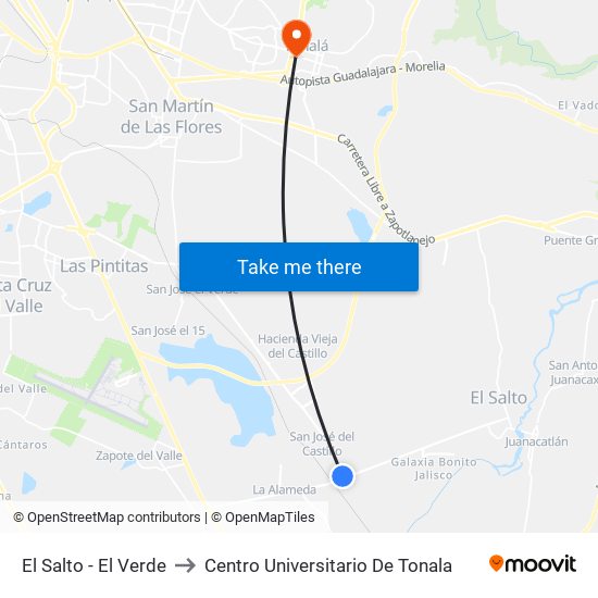 El Salto - El Verde to Centro Universitario De Tonala map