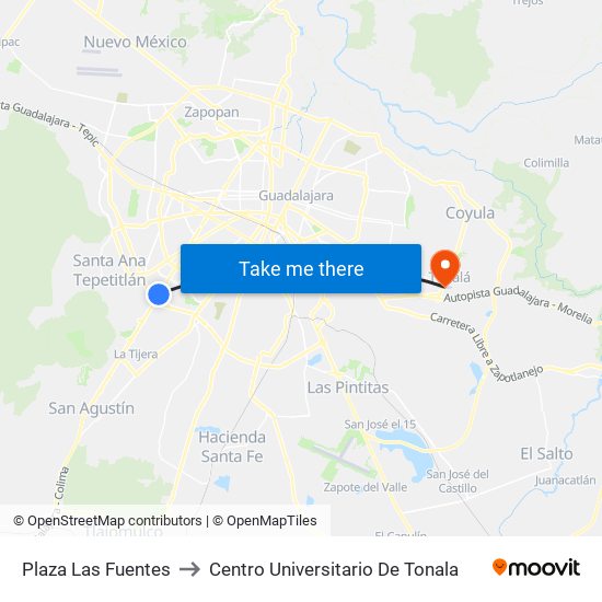 Plaza Las Fuentes to Centro Universitario De Tonala map