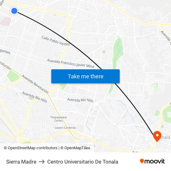 Sierra Madre to Centro Universitario De Tonala map