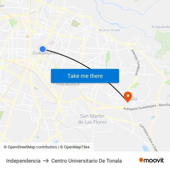 Independencia to Centro Universitario De Tonala map