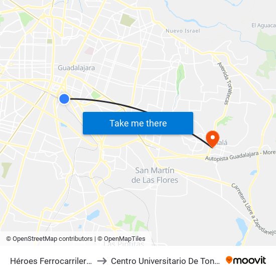 Héroes Ferrocarrileros to Centro Universitario De Tonala map
