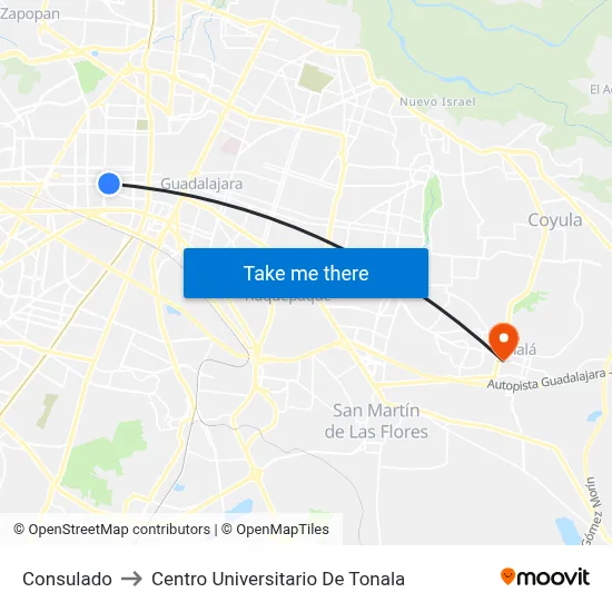 Consulado to Centro Universitario De Tonala map