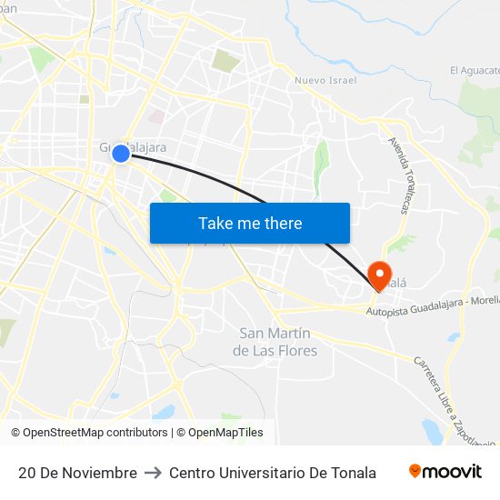 20 De Noviembre to Centro Universitario De Tonala map
