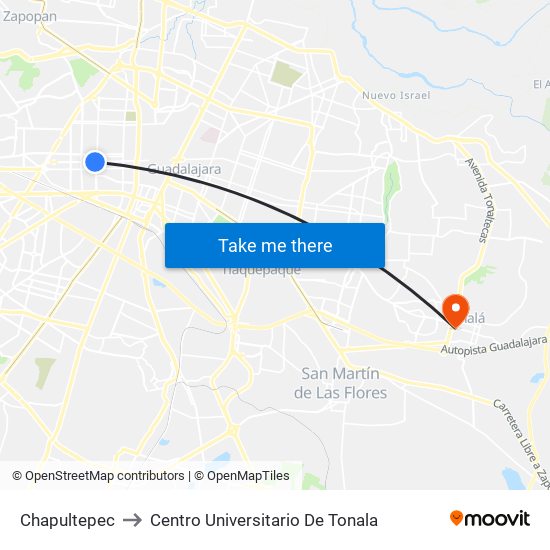 Chapultepec to Centro Universitario De Tonala map
