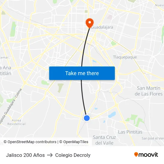 Jalisco 200 Años to Colegio Decroly map