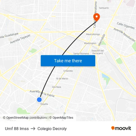 Umf 88 Imss to Colegio Decroly map
