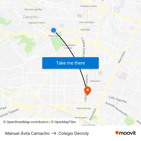 Manuel Ávila Camacho to Colegio Decroly map