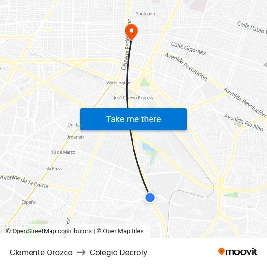 Clemente Orozco to Colegio Decroly map