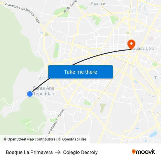 Bosque La Primavera to Colegio Decroly map