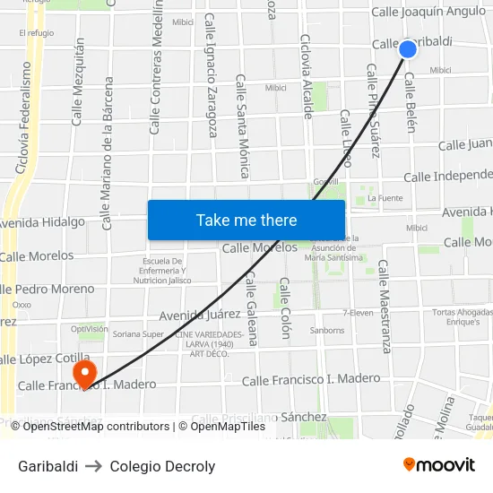 Garibaldi to Colegio Decroly map
