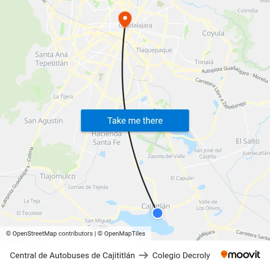 Central de Autobuses de Cajititlán to Colegio Decroly map