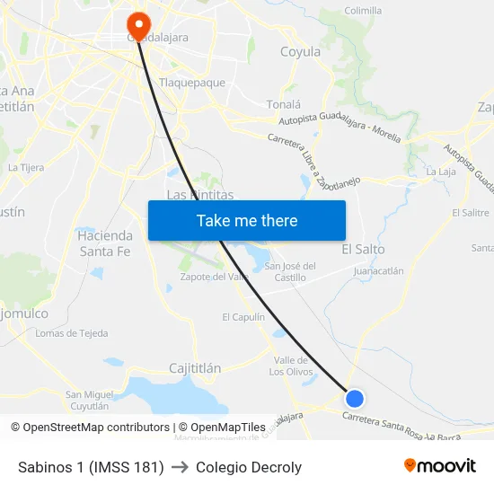 Sabinos 1 (IMSS 181) to Colegio Decroly map