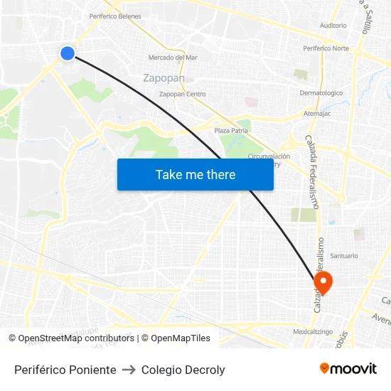 Periférico Poniente to Colegio Decroly map