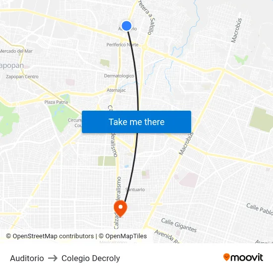 Auditorio to Colegio Decroly map